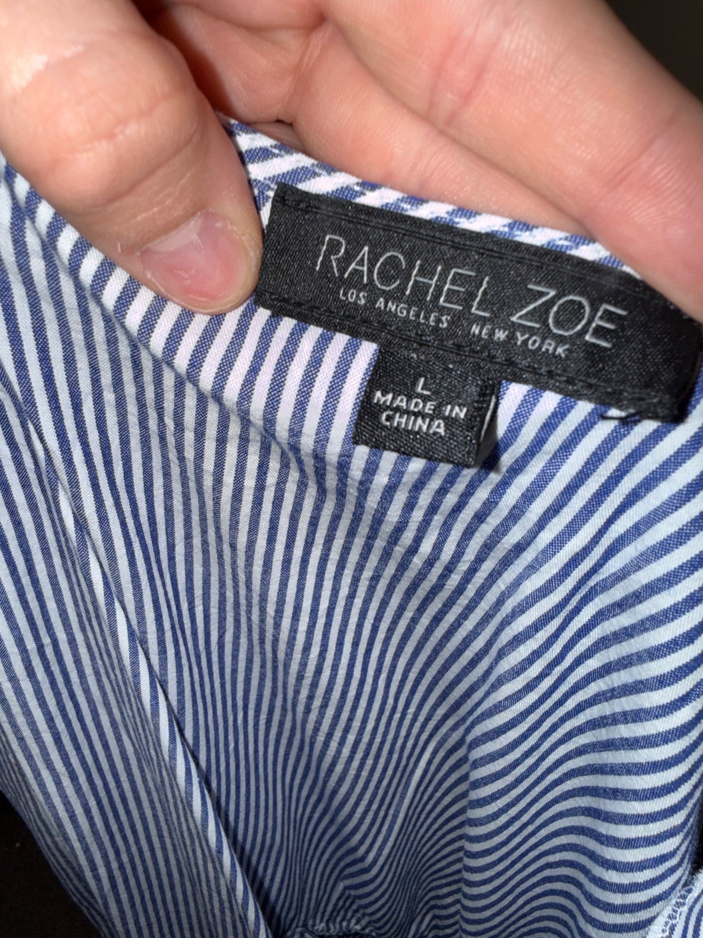 Rachel Zoe (Large) Blue and White Striped Dress with Embroidered Floral Hem