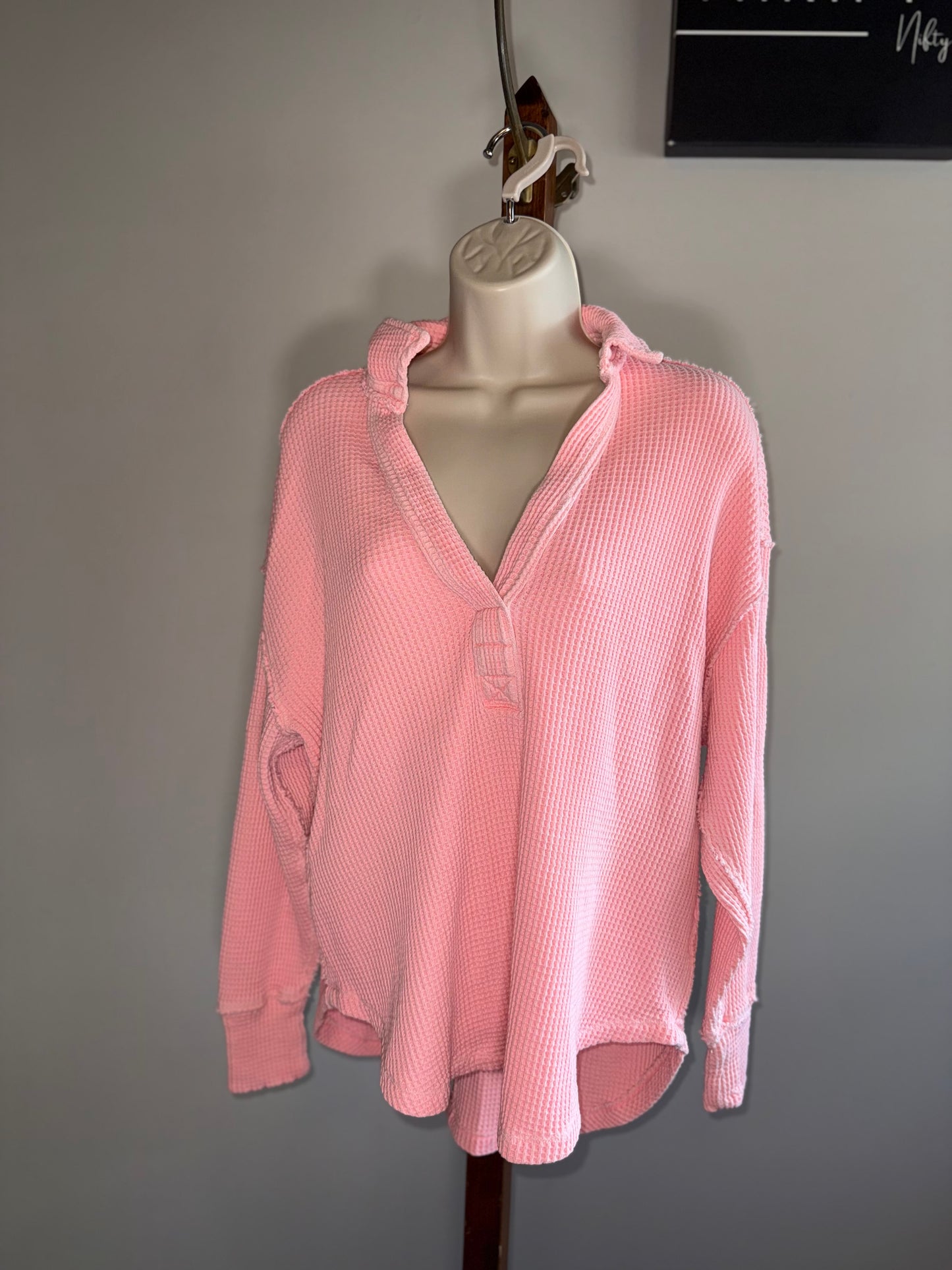 aerie (XS) Pink V-Neck Waffle Knit Oversized Long Sleeve