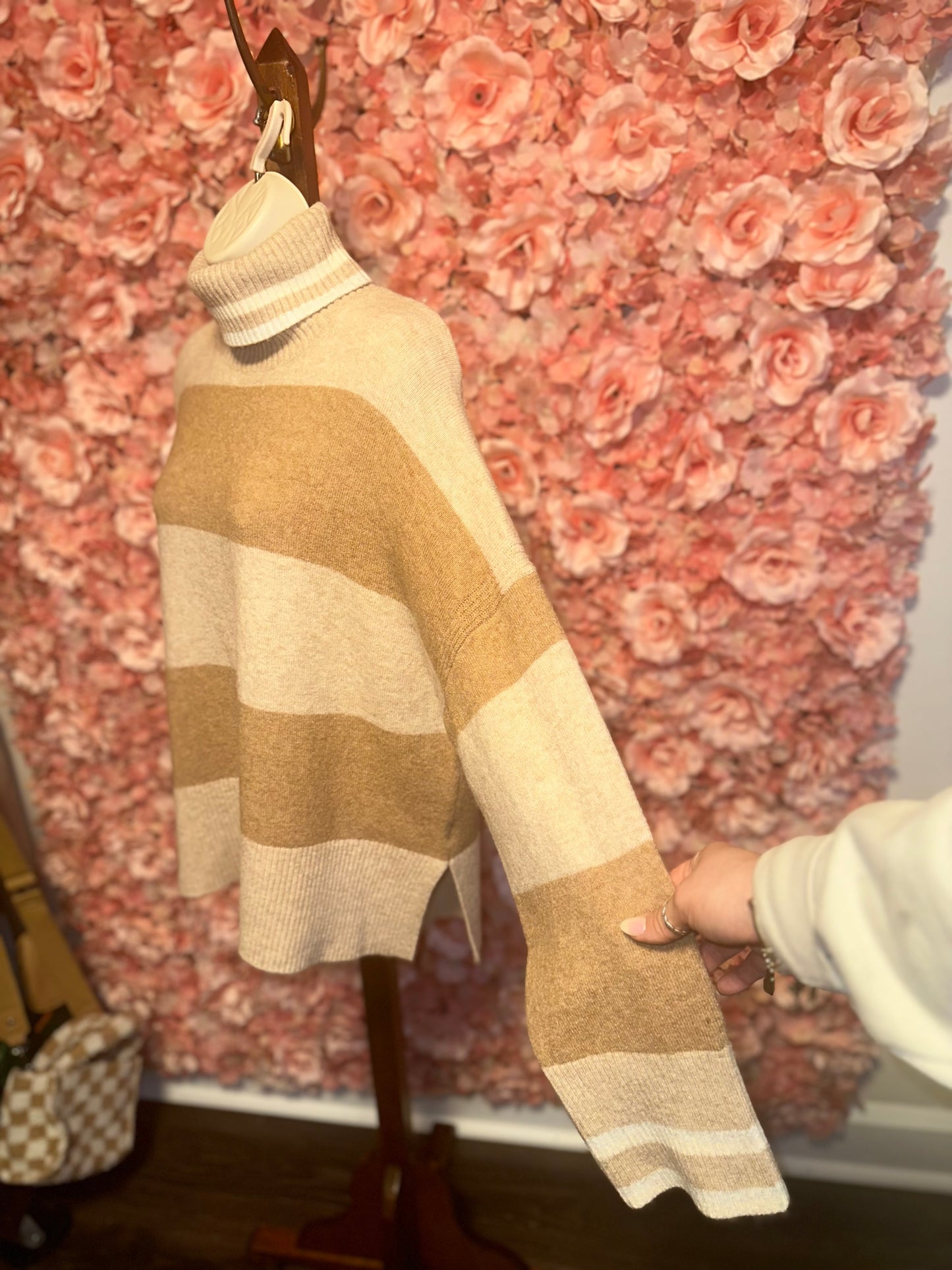 J.Crew (Small) Neutral Tan//Creme Striped Turtleneck Soft Sweater