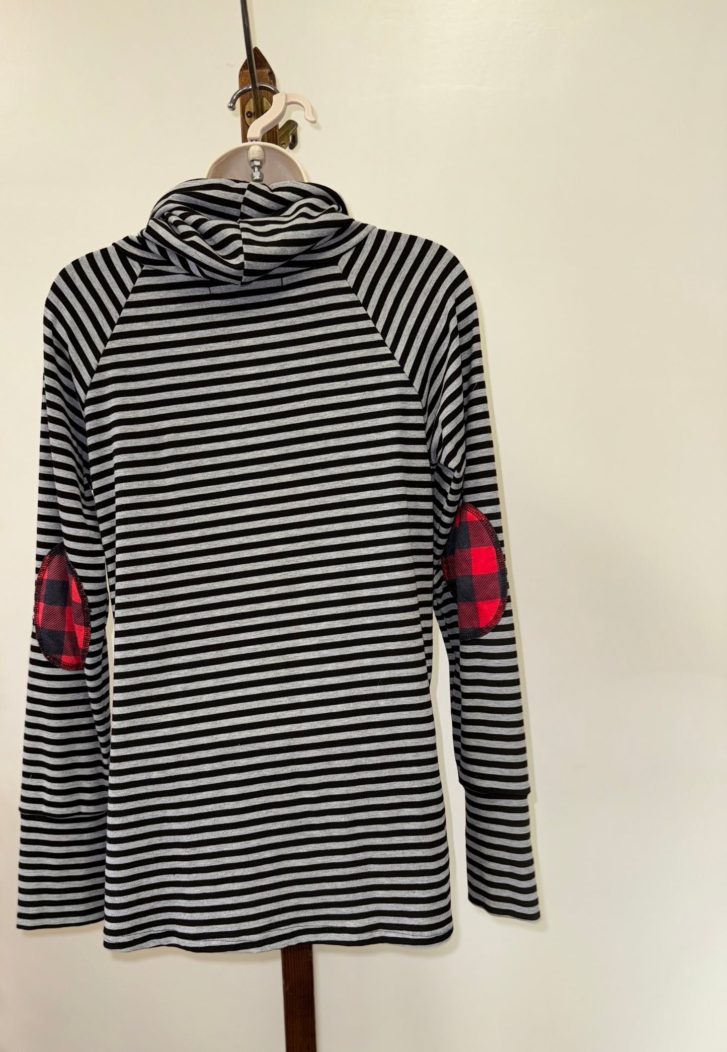 Hawthorne (Small) Black//Grey//Red Plaid & Striped Cowl Neck Hoodie