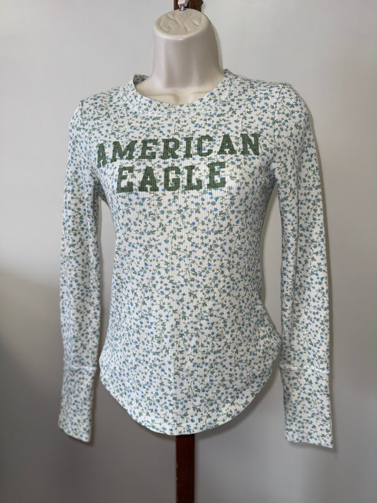 American Eagle (Small) White Ribbed Long Sleeve Tee W Green/Blue Floral Pattern