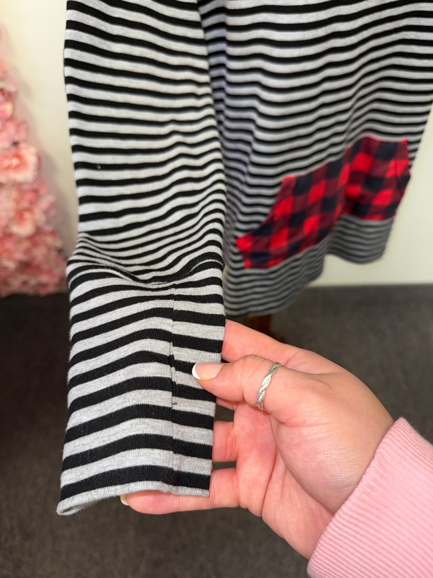 Hawthorne (Small) Black//Grey//Red Plaid & Striped Cowl Neck Hoodie