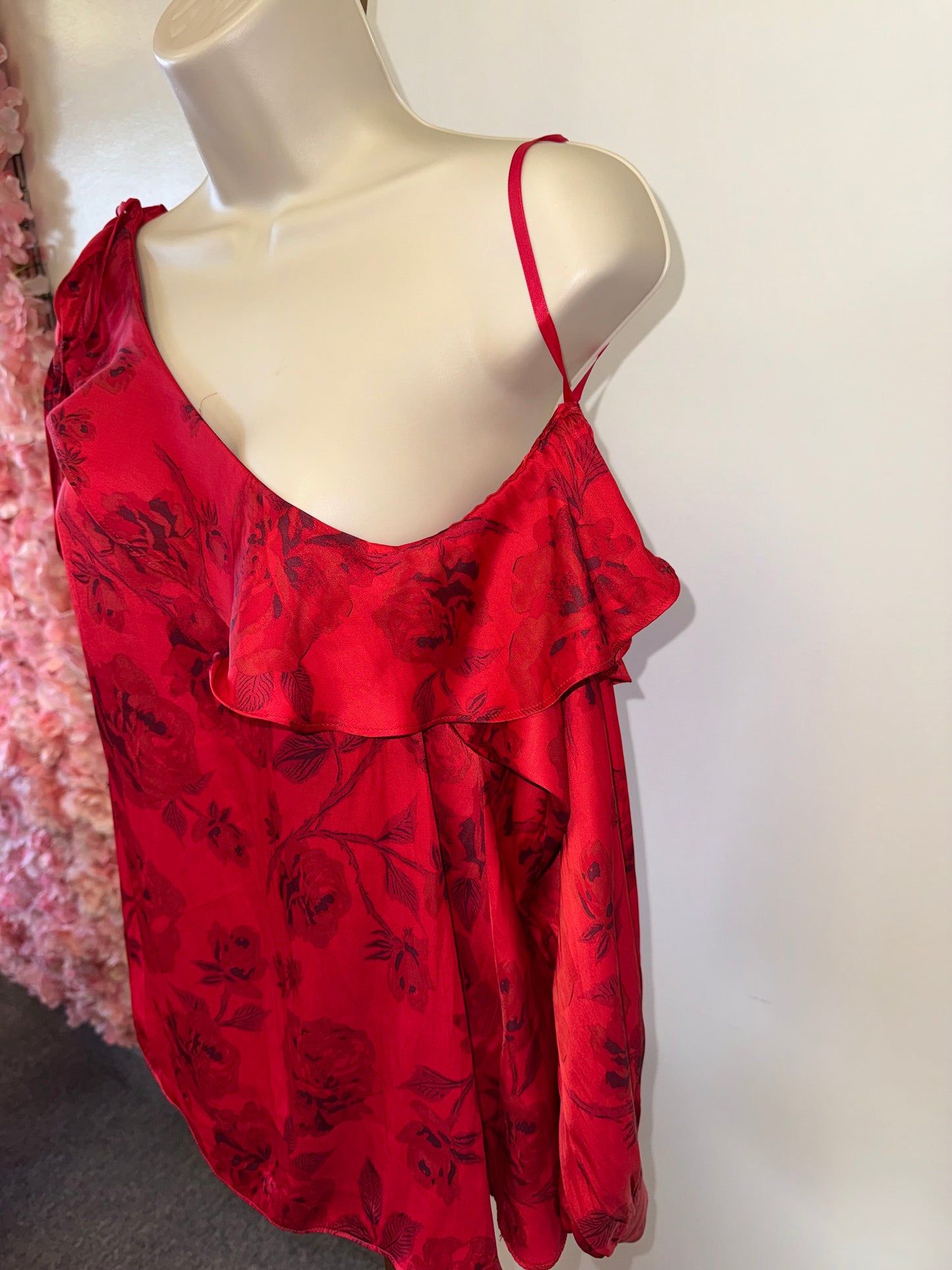 NWT Free People (M) Brand New Red Satin Off-Shoulder Blouse w/ Subtle Flowers