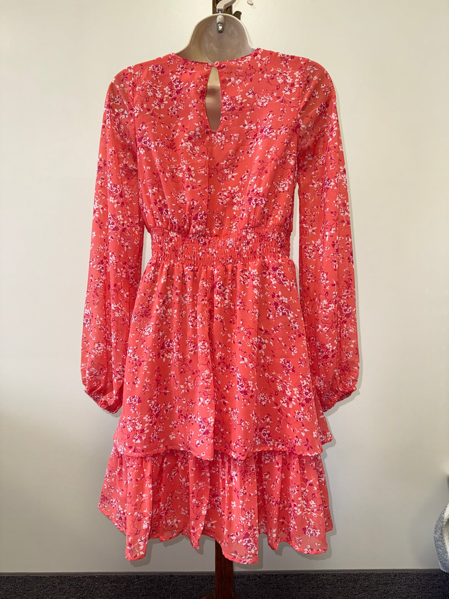 Japna (XS) Orange//Peach Sheer Long Sleeve Ruffle Midi Dress with Tied Front