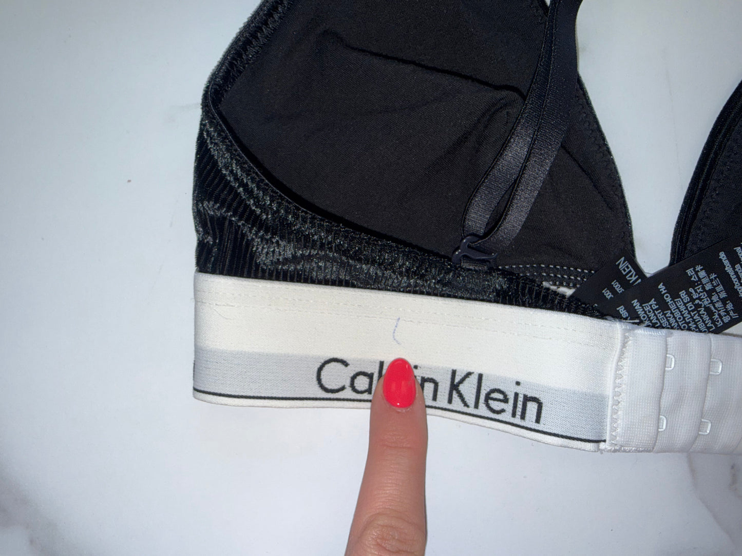 Calvin Klein (Small) Black Velour Ribbed Bralette with White Logo Band
