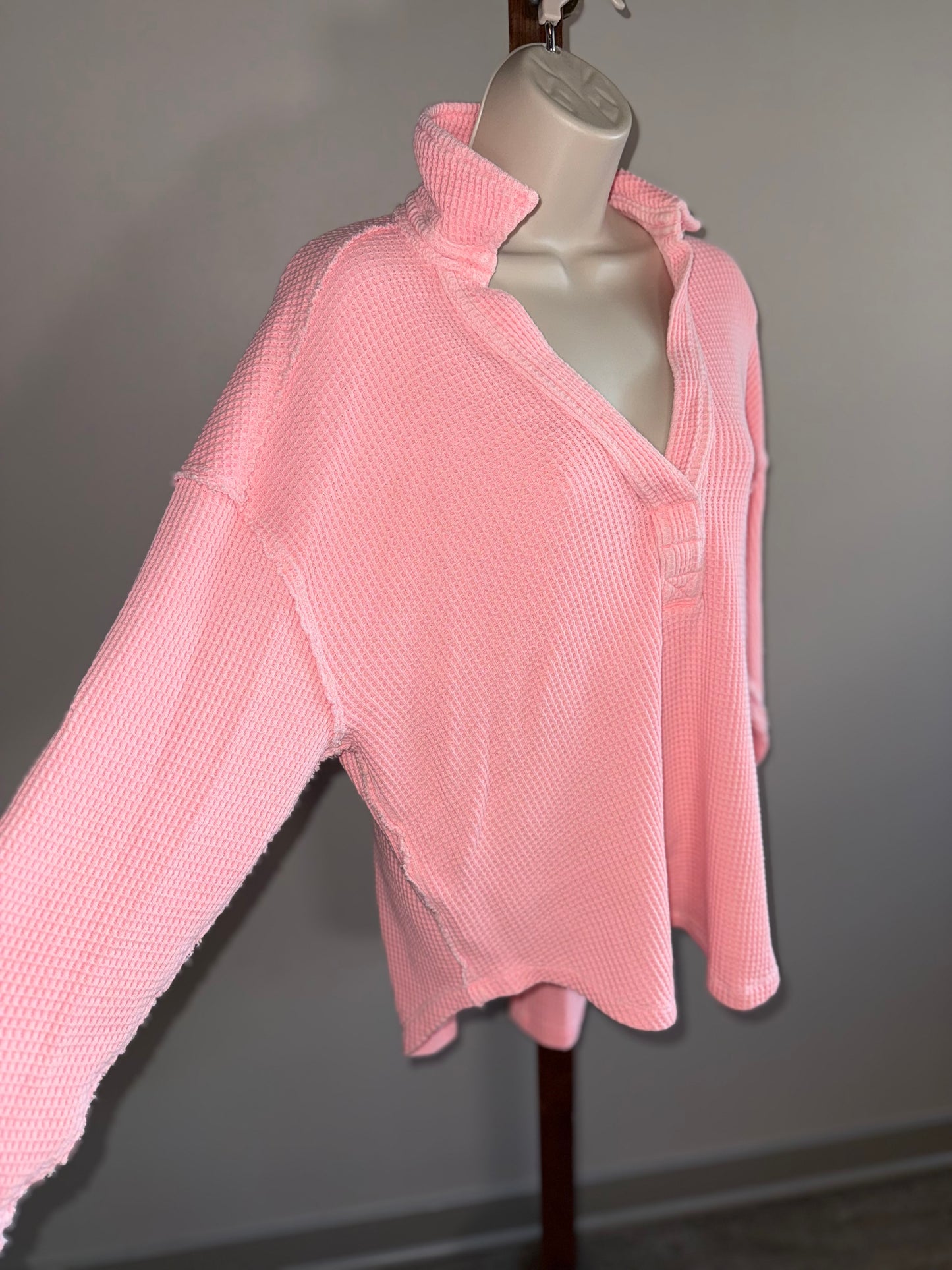 aerie (XS) Pink V-Neck Waffle Knit Oversized Long Sleeve