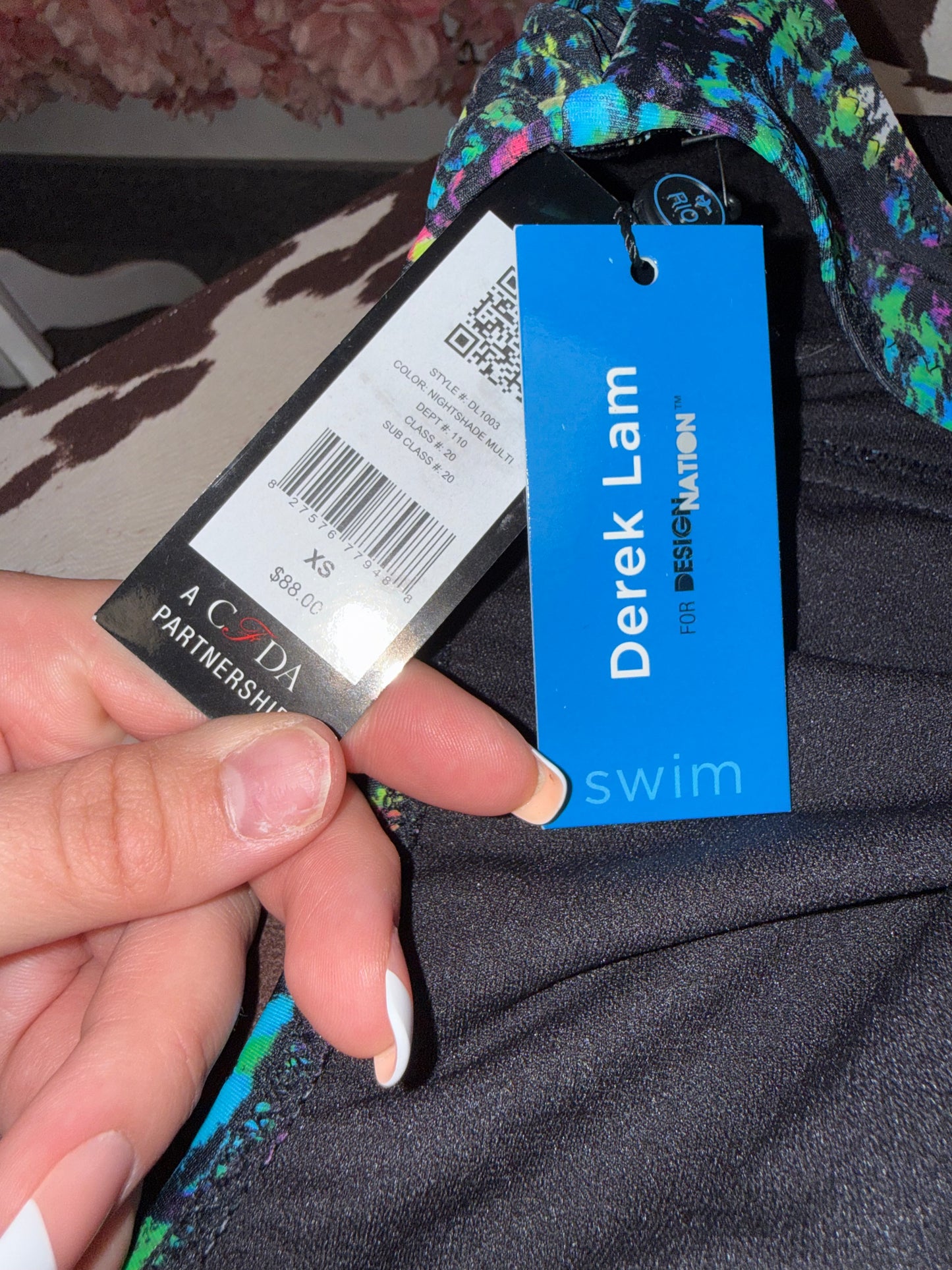 NWT Derek Lam (XS) Brand New Black w Colorful Pattern One Piece Cut Out Swimsuit