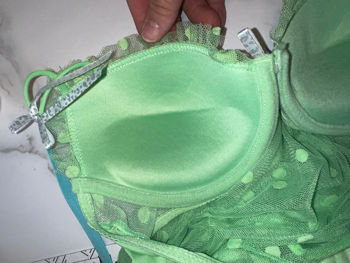 (Medium) Green Polka Dot Ruffle Sheer Lingerie Padded Bra Dress