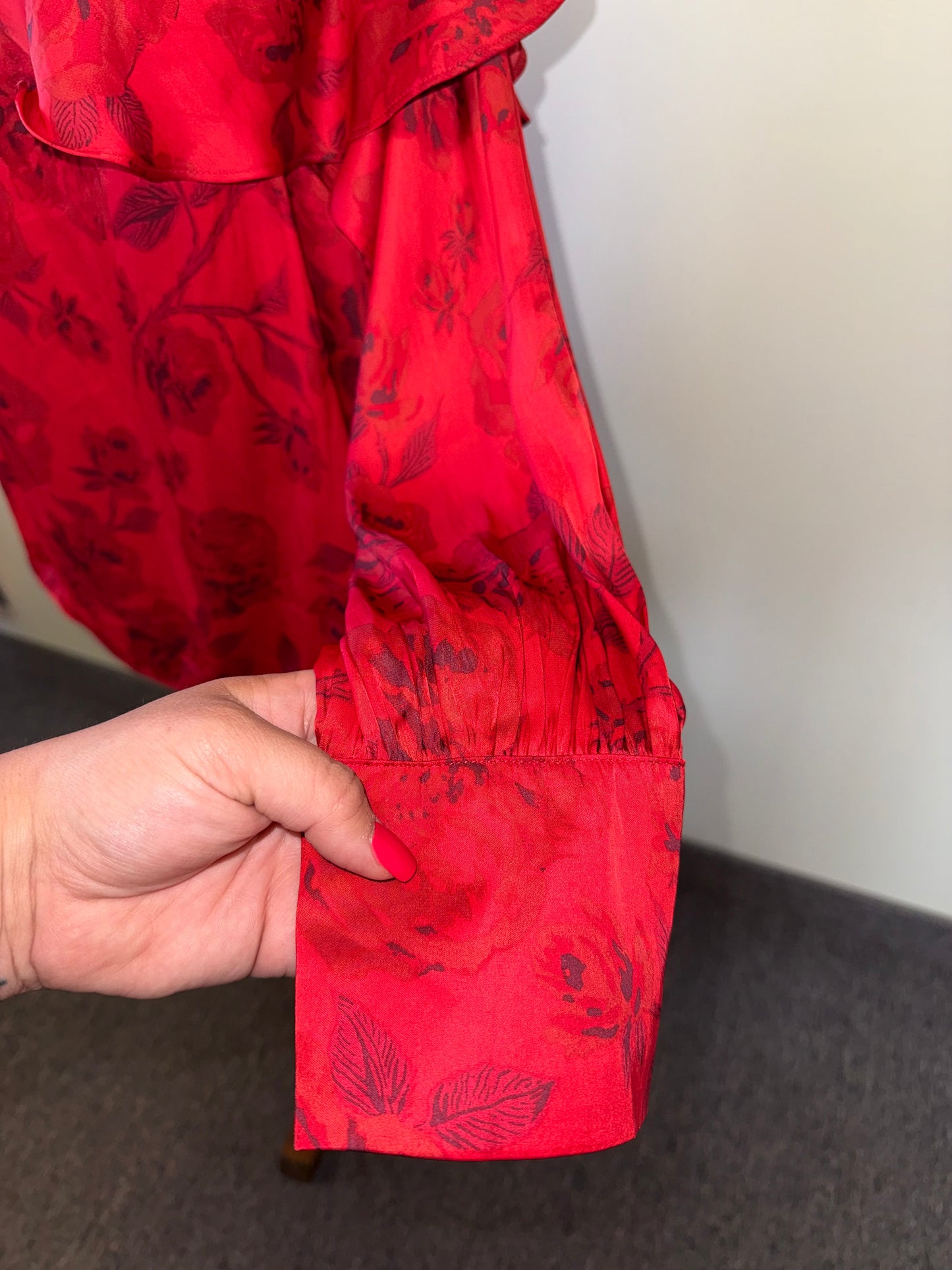 NWT Free People (M) Brand New Red Satin Off-Shoulder Blouse w/ Subtle Flowers