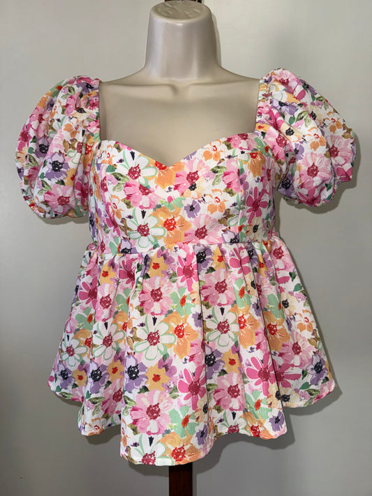 SHEIN (XS) White Colorful Cropped Blouse