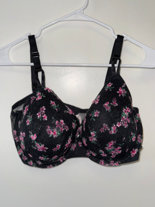 Victoria's Secret (38DDD) Black/Pink Floral Lace Lined Demi Bra