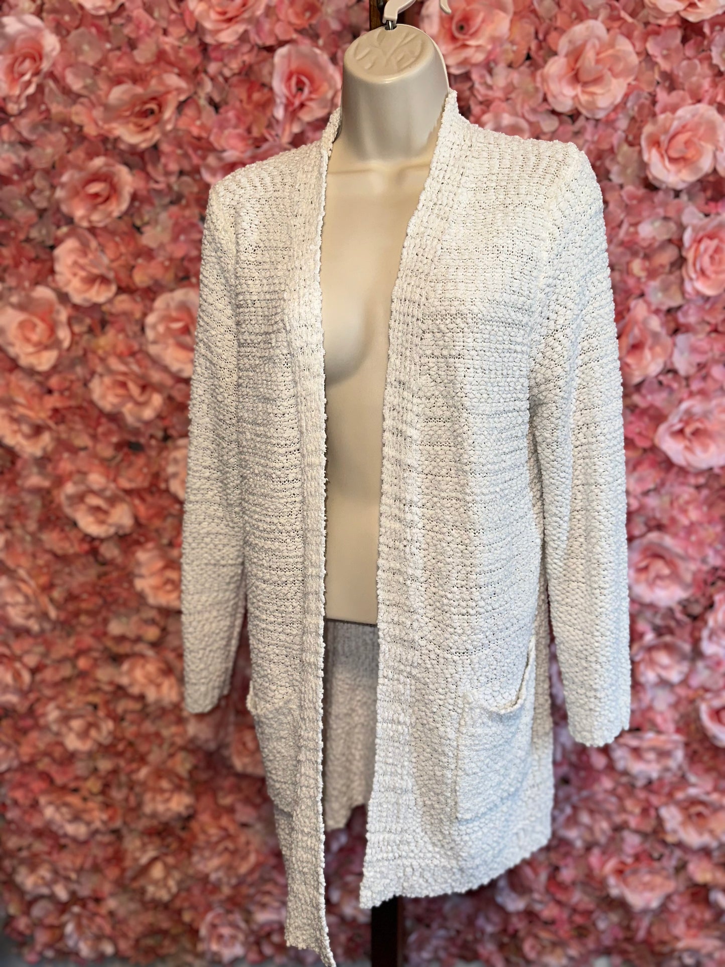 Sienna Sky (Small) White Fuzzy Knit Sweater Cardigan with Pockets