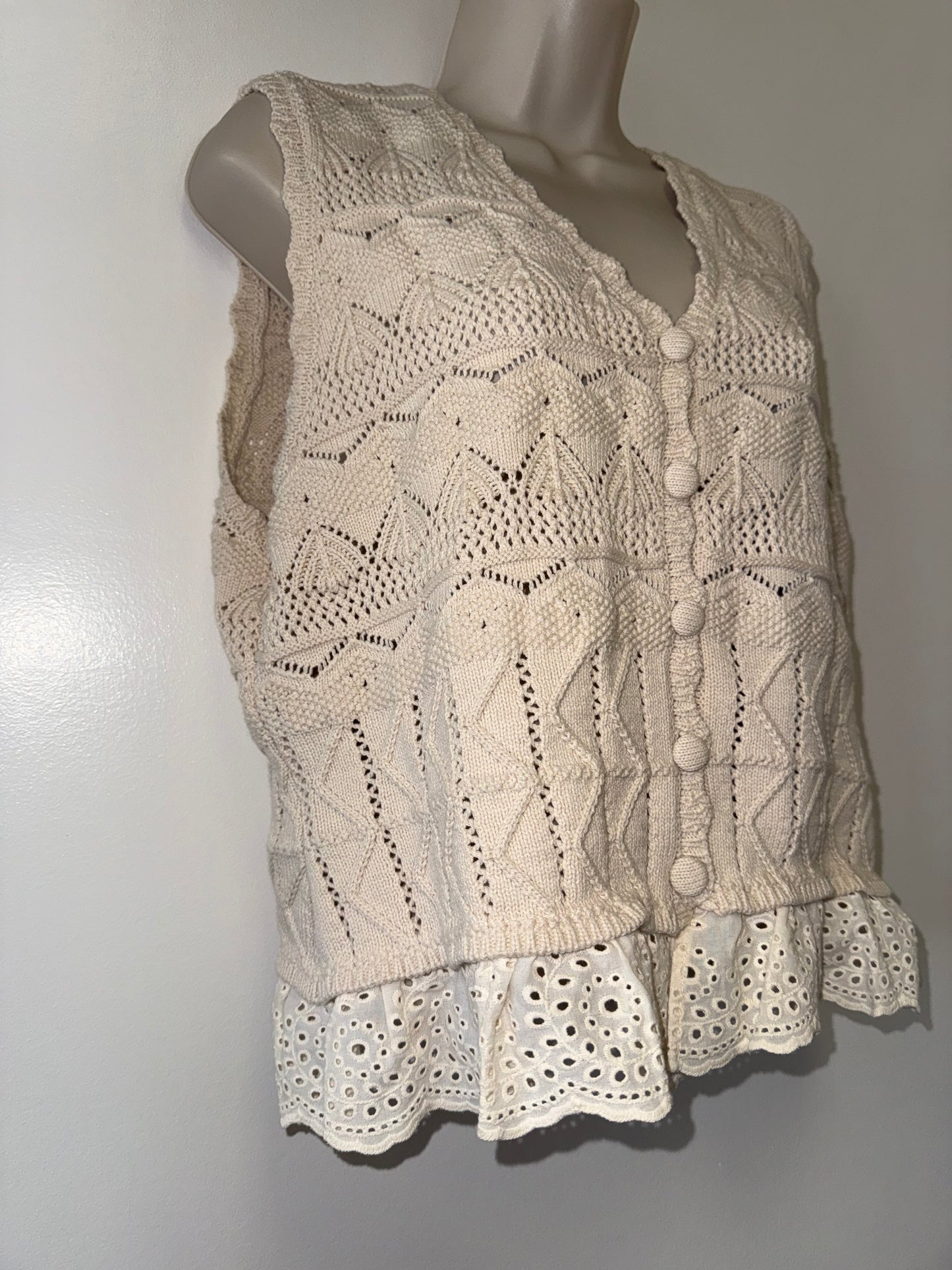 Marled (Large) Cream Crochet Knit Buttoned Sweater Vest