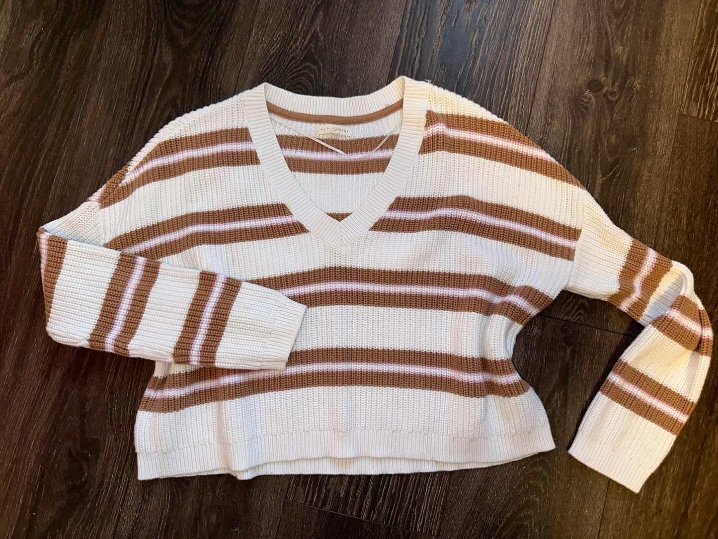 L.A Hearts (Small) Neutral Striped Knit V-Neck Cropped Sweater