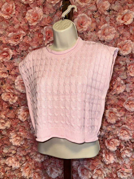 (Medium) Brand New Pink Cable Knit Sleeveless Cropped Sweater Vest