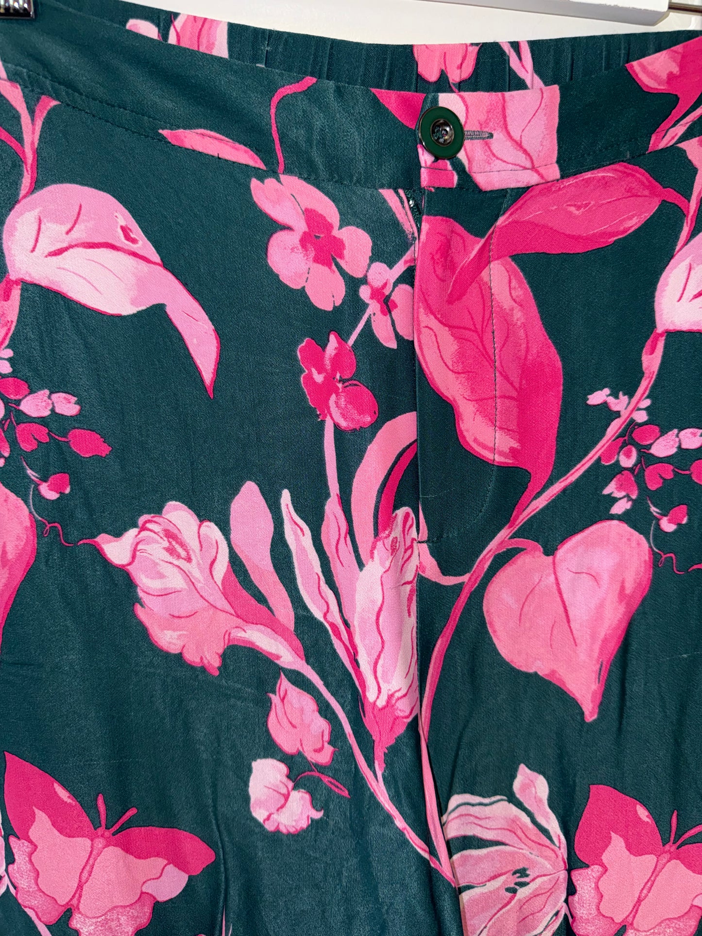 Anthropologie (4) Green Straight Pants with Pink Floral Pattern