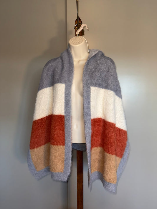 CoCo + Carmen (OS) Neutral Striped Soft Sweater Poncho with Hood