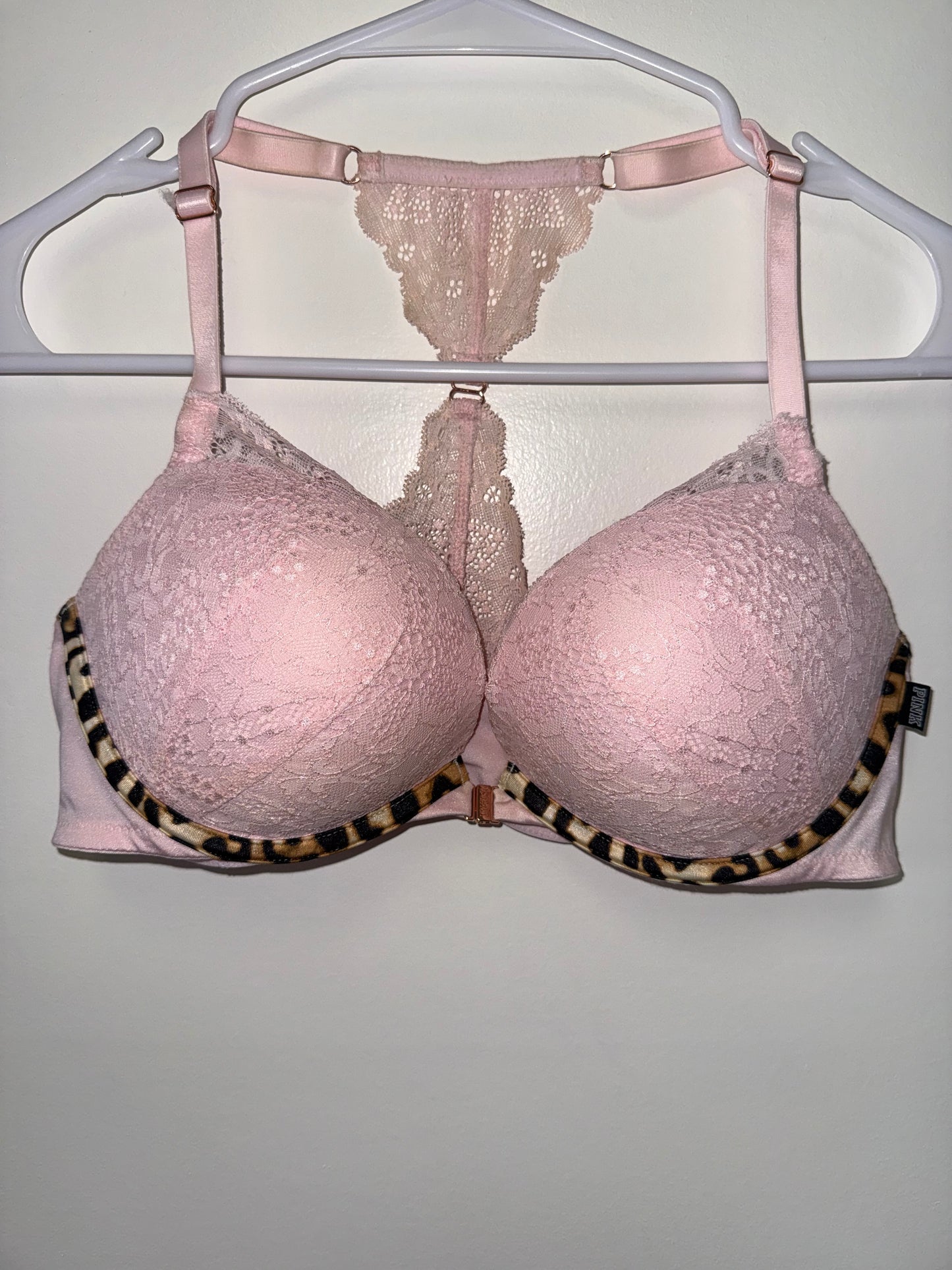 PINK Victoria's Secret (36C) Pink Lace Date Push Up Racerback Bra w Cheetah Hem