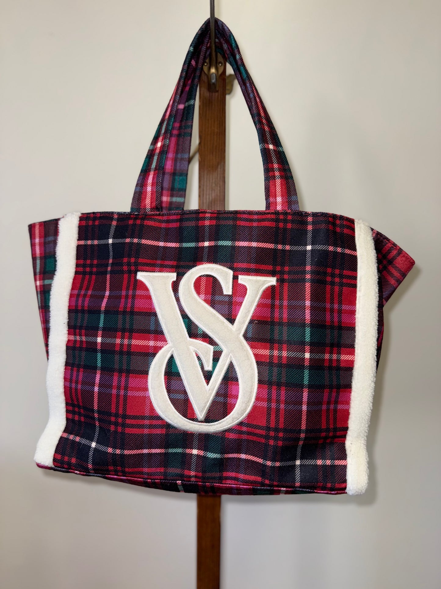 Victoria's Secret Plaid Tote Bag with Sherpa Detail
