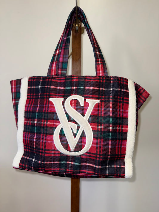 Victoria's Secret Plaid Tote Bag with Sherpa Detail