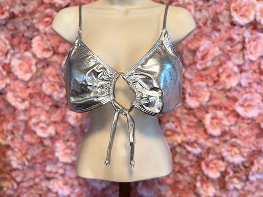 Brand New (Large) Silver Metallic Crop Top Shiny Rave Bra Tie Front Bikini