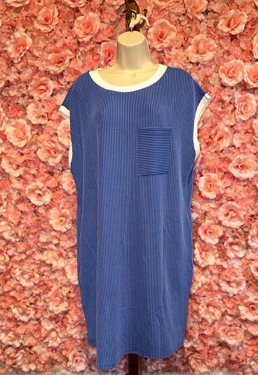 (XL) Brand New Blue Ribbed Loose Fit Dress with Pockets