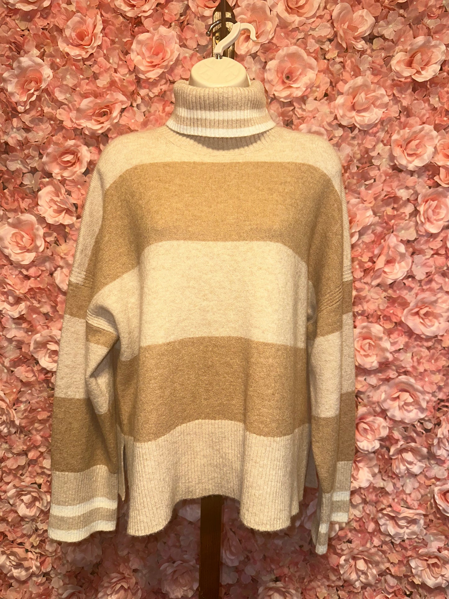 J.Crew (Small) Neutral Tan//Creme Striped Turtleneck Soft Sweater