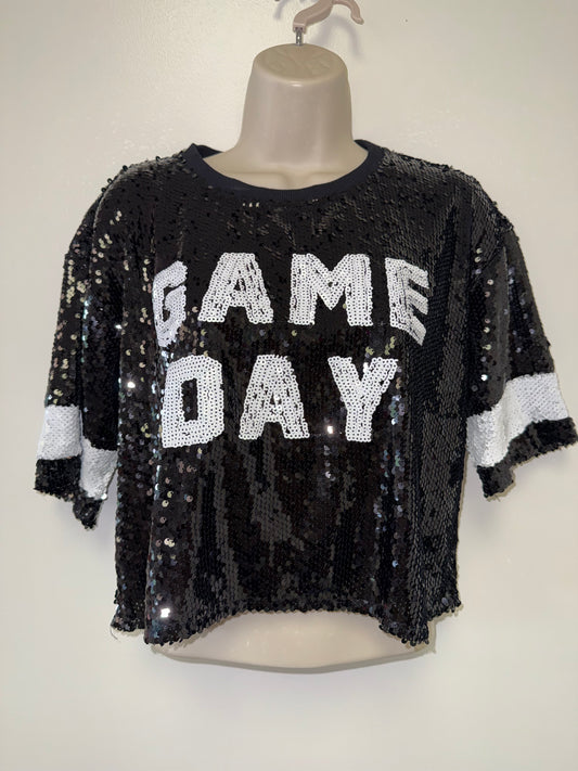 Le Lis (Small) Black Sequin "GAME DAY" Crop Tee