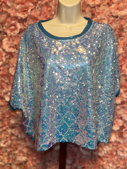 Fantastic Fawn (Retail $99) Blue Sequin Geometric Reflective Cropped Blouse (Medium)