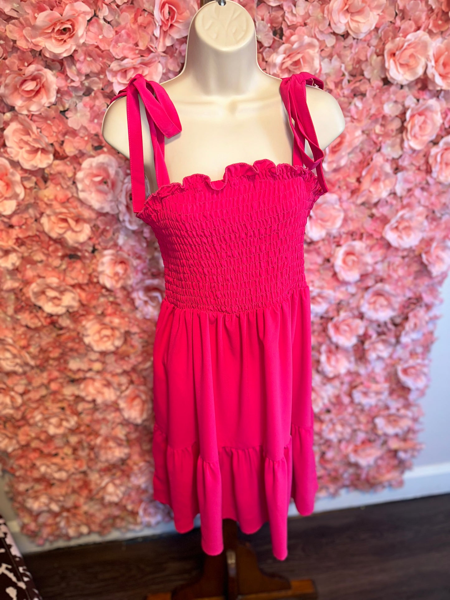 SHEIN Hot Pink Ruffle Flowy Dress with Adjustable Tied Shoulder Straps