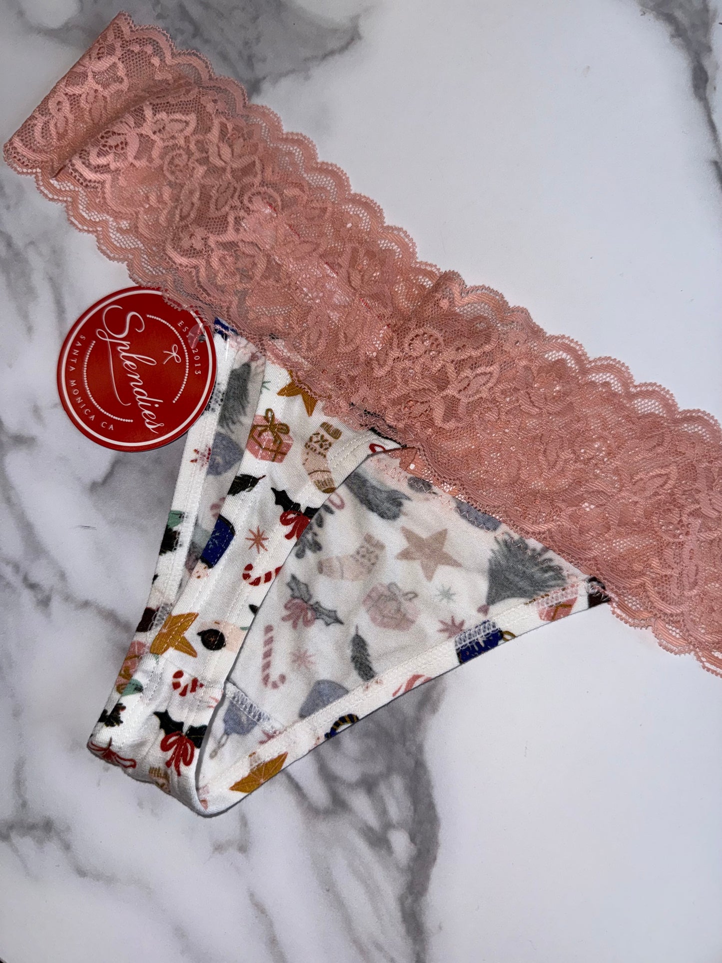 NWT Splendies (XL) Brand New Christmas Themed Pattern Thong with Lace