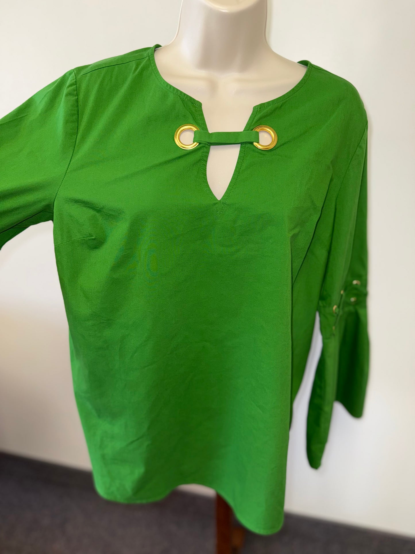 Michael Kors (Medium) Green V-Neck Blouse with Flare Sleeves