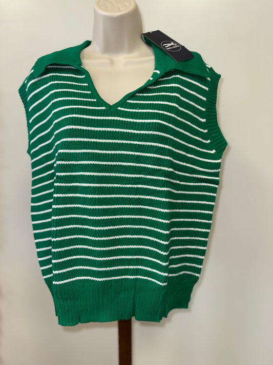 NWT Iwollence (Large) Brand New Green & White Striped Knit Sleeveless Sweater