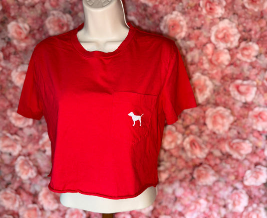 PINK Victoria's Secret (XS) Red Cropped Pocket Tee with Large Plaid Logo on Back