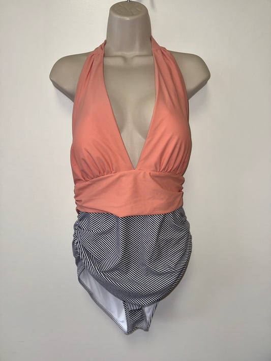 NWT CUPSHE (XL) Brand New Peach with B&W Stripes One Piece Halter Neck Swimsuit