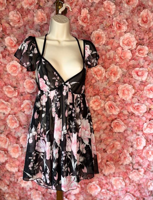 (Large) Black Floral Sheer Lightweight Lingerie Dress with Open Back