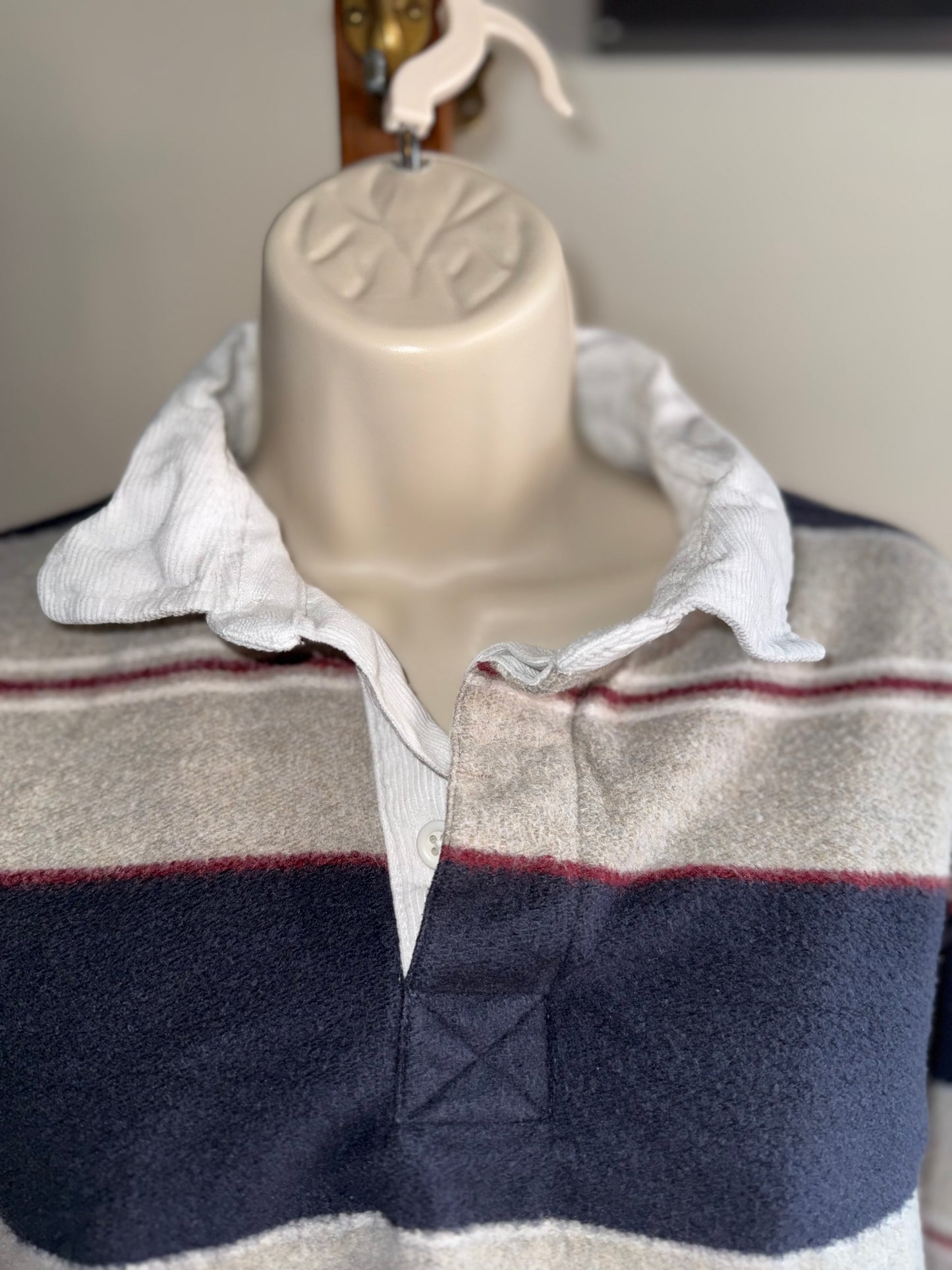 Old Navy (Small) Neutral Striped 3/4 Button Up with Corduroy Collar Quarter