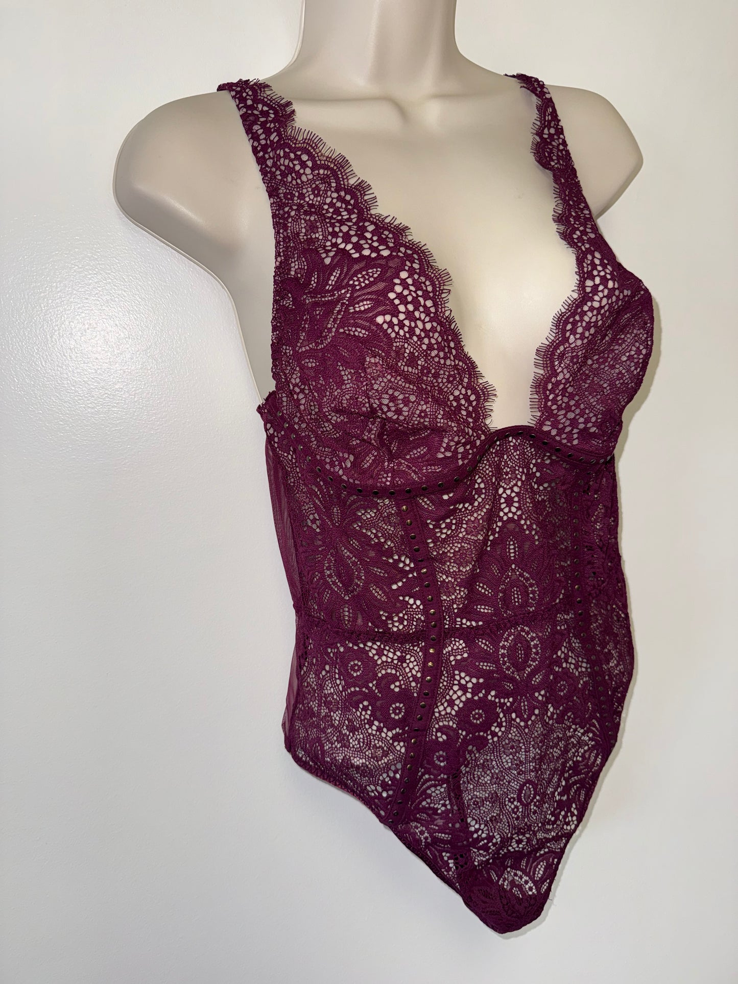 Victoria's Secret (Large) Maroon Lace/Sheer Lingerie Bodysuit Thong