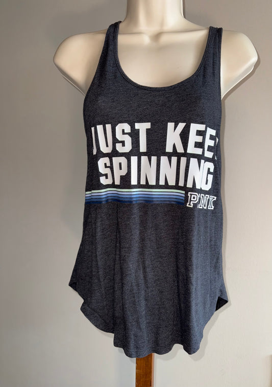 PINK Victoria's Secret (XS) Grey Tank Top with 'Just Keep Spinning' Front