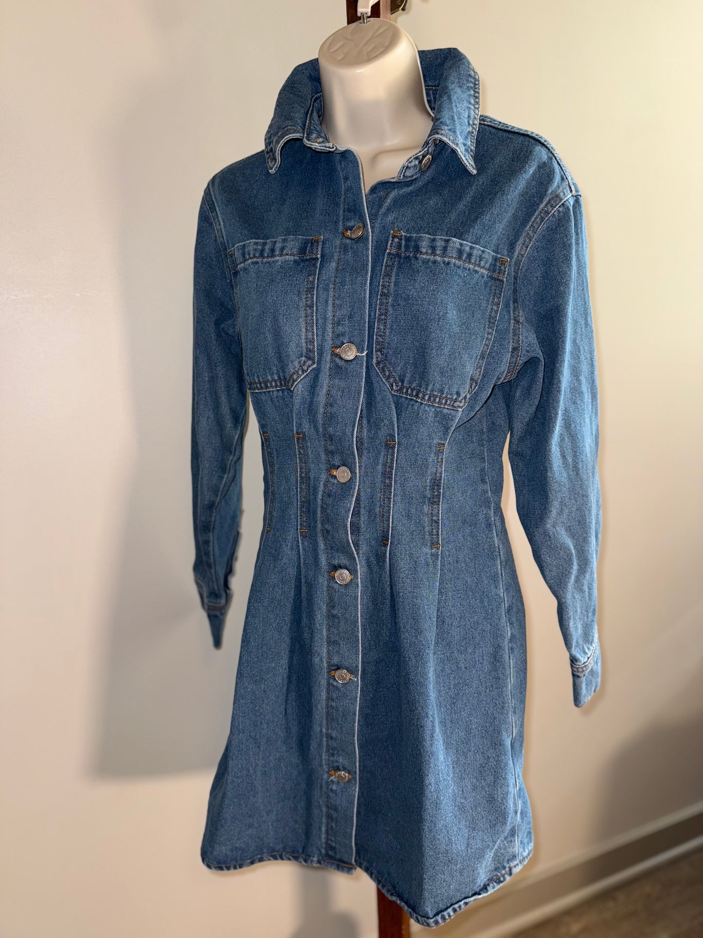 NWT Crescent (Small) Brand New Blue Denim Button Up Dress with Corset Waist