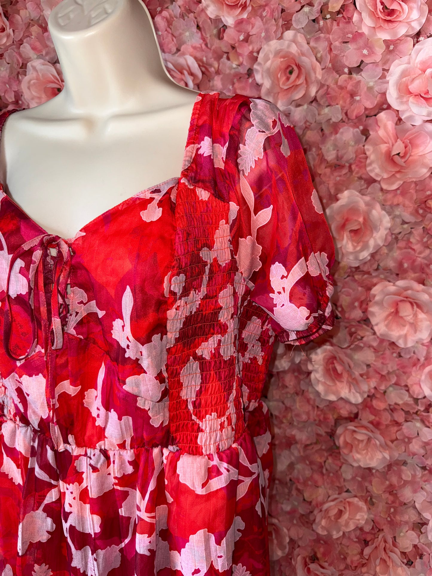 Torrid (2) Red//Pink Floral Sheer Lace Up Maxi Dress