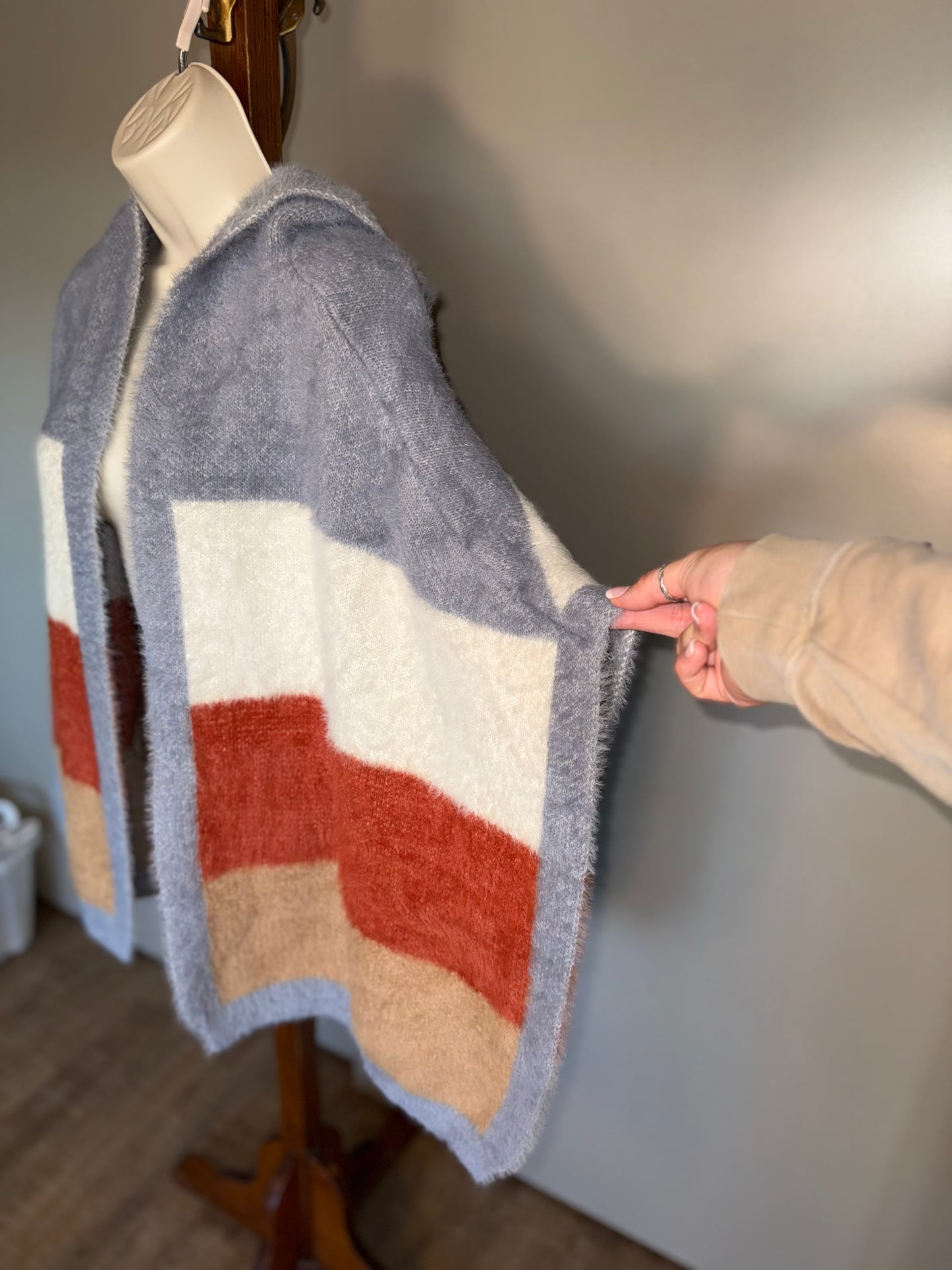 CoCo + Carmen (OS) Neutral Striped Soft Sweater Poncho with Hood