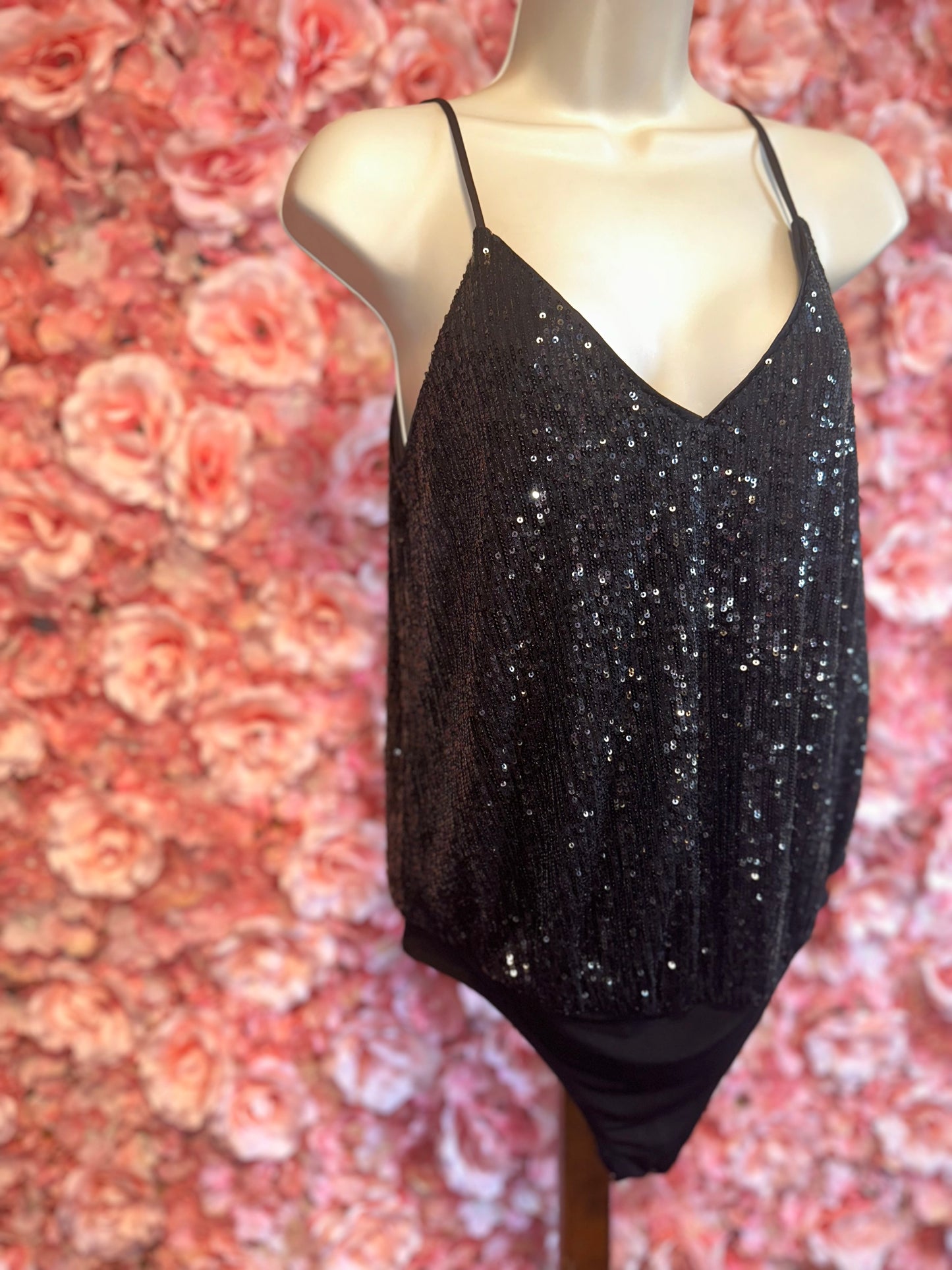 Express (Express) Black Sequin V-Neck Bodysuit with Adjustable Spaghetti Straps