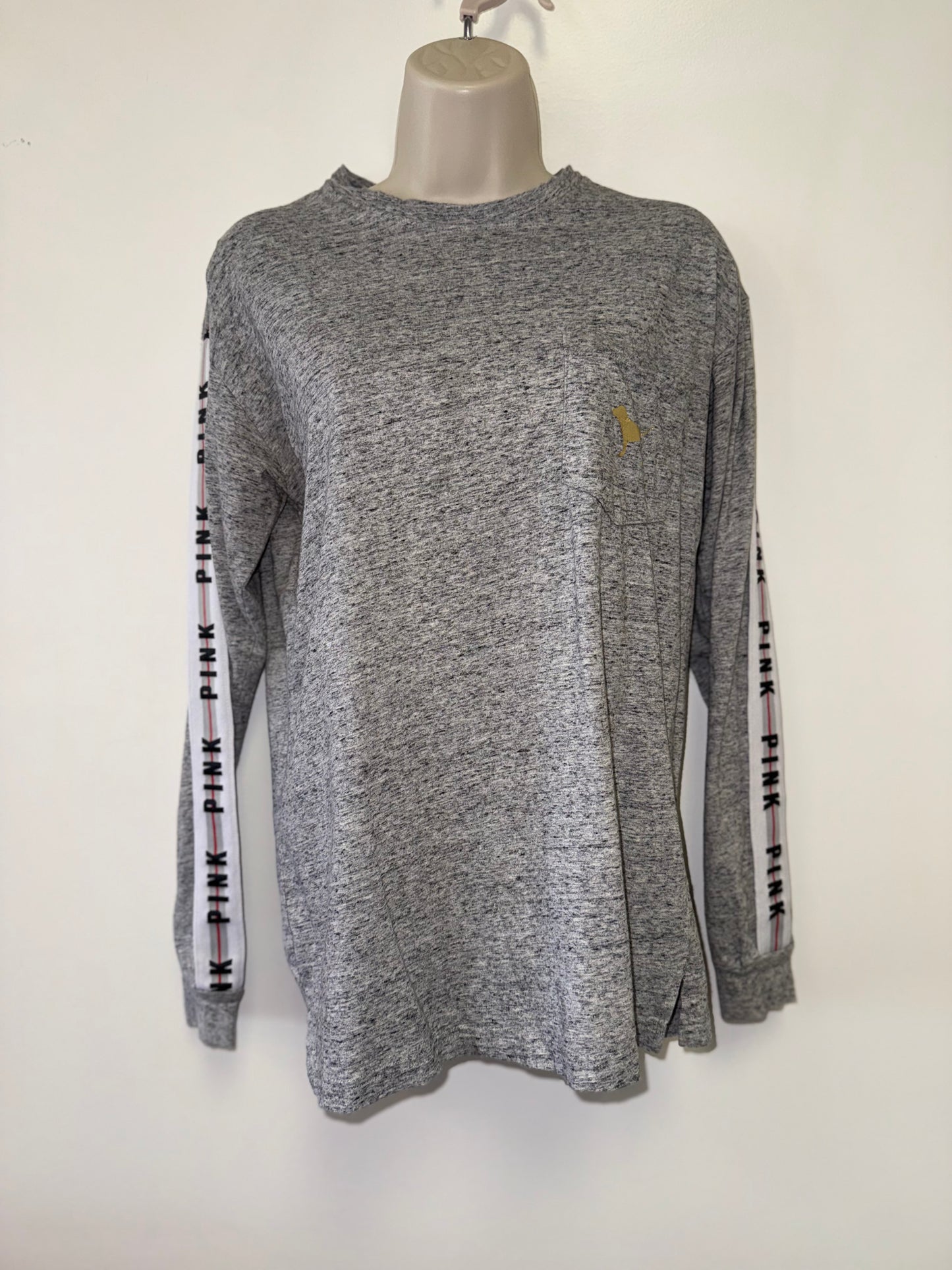 PINK Victoria's Secret (XS) Grey/White Striped Logo Sleeves & Gold Sequin Dog