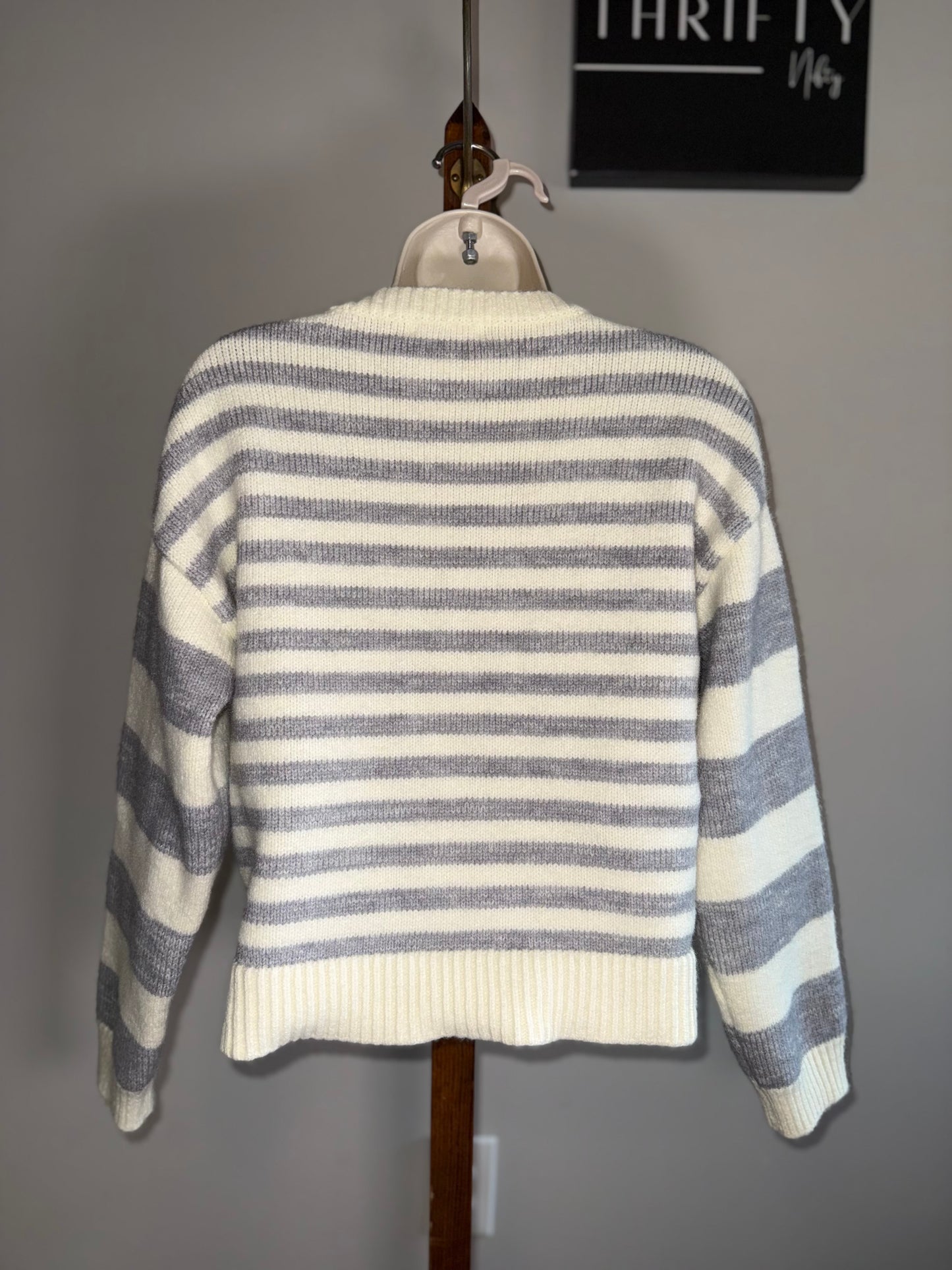 Pink Boutique (Small) Off White & Grey Striped Knit Sweater