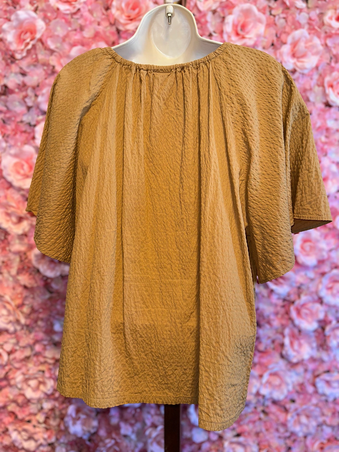 a new day (XXL) Brown V-Neck Loose Fit Short Sleeve Blouse with Large Sleeves