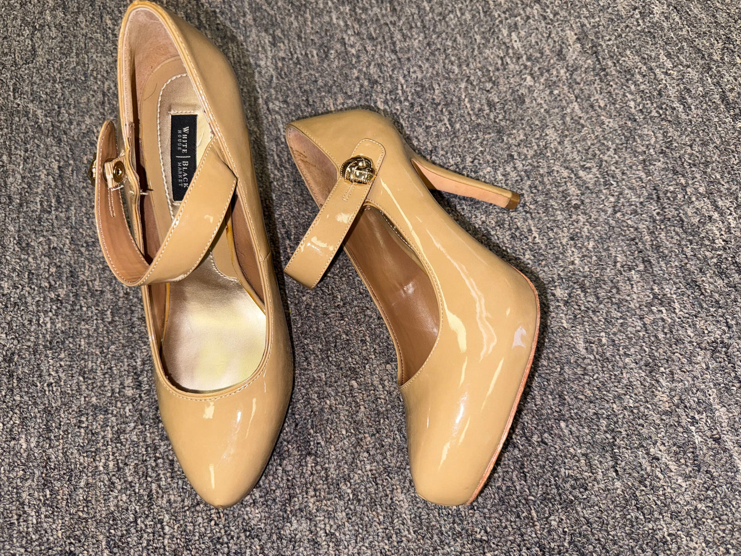 White House Black Market (7 1/2) Tan High Heels with Buckle Strap
