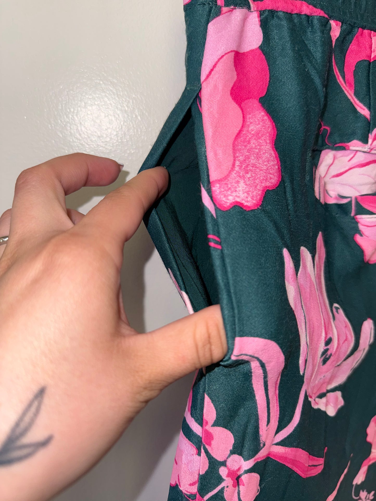 Anthropologie (4) Green Straight Pants with Pink Floral Pattern