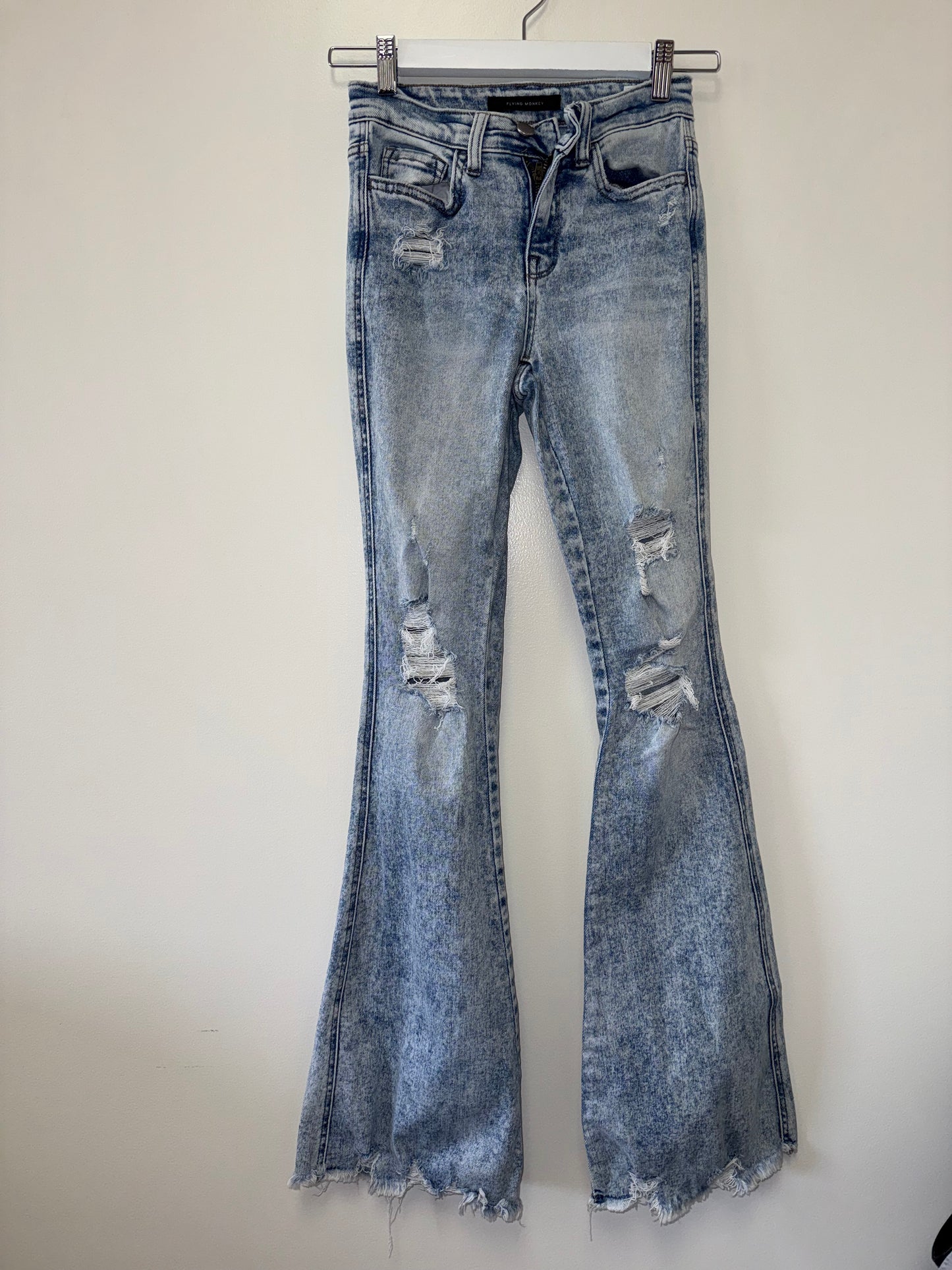 Flying Monkey (24) Distressed High Rise Flare Washed Blue Denim Jeans