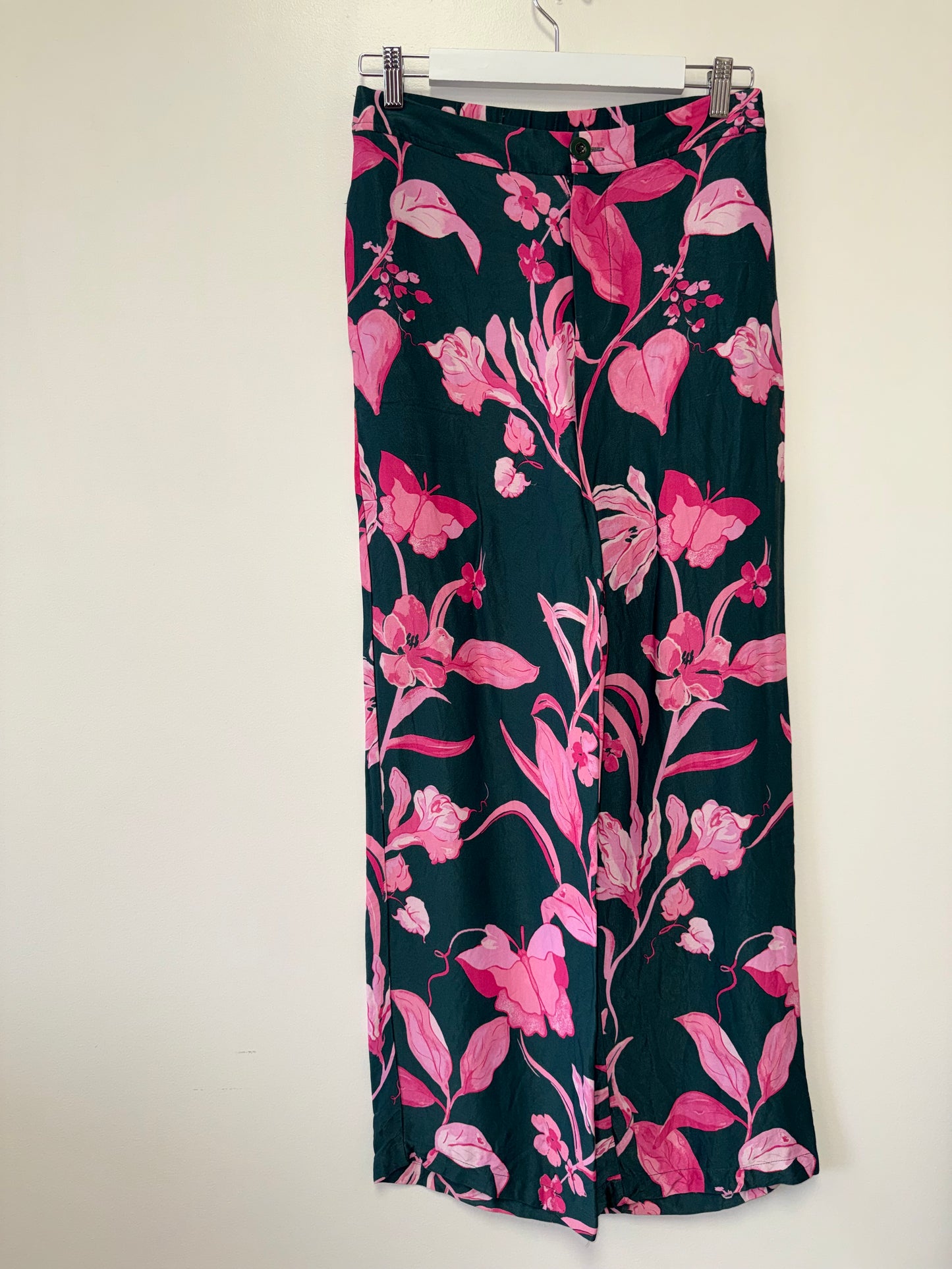 Anthropologie (4) Green Straight Pants with Pink Floral Pattern